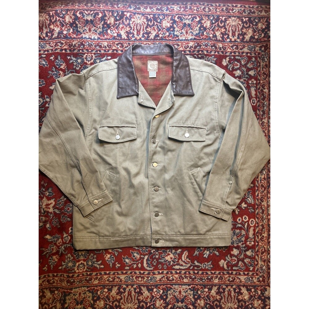 Vintage Marlboro Chore Jacket Work Flannel Lined Cotton & Leather Collar Size L